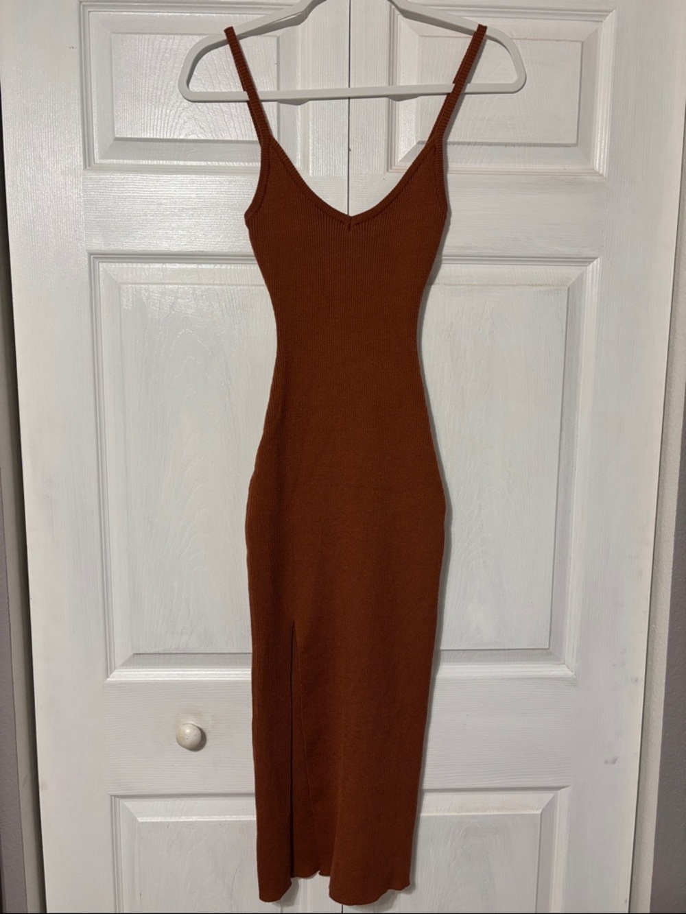 Ribbed Knit Spaghetti Strap Midi Dress in Rust